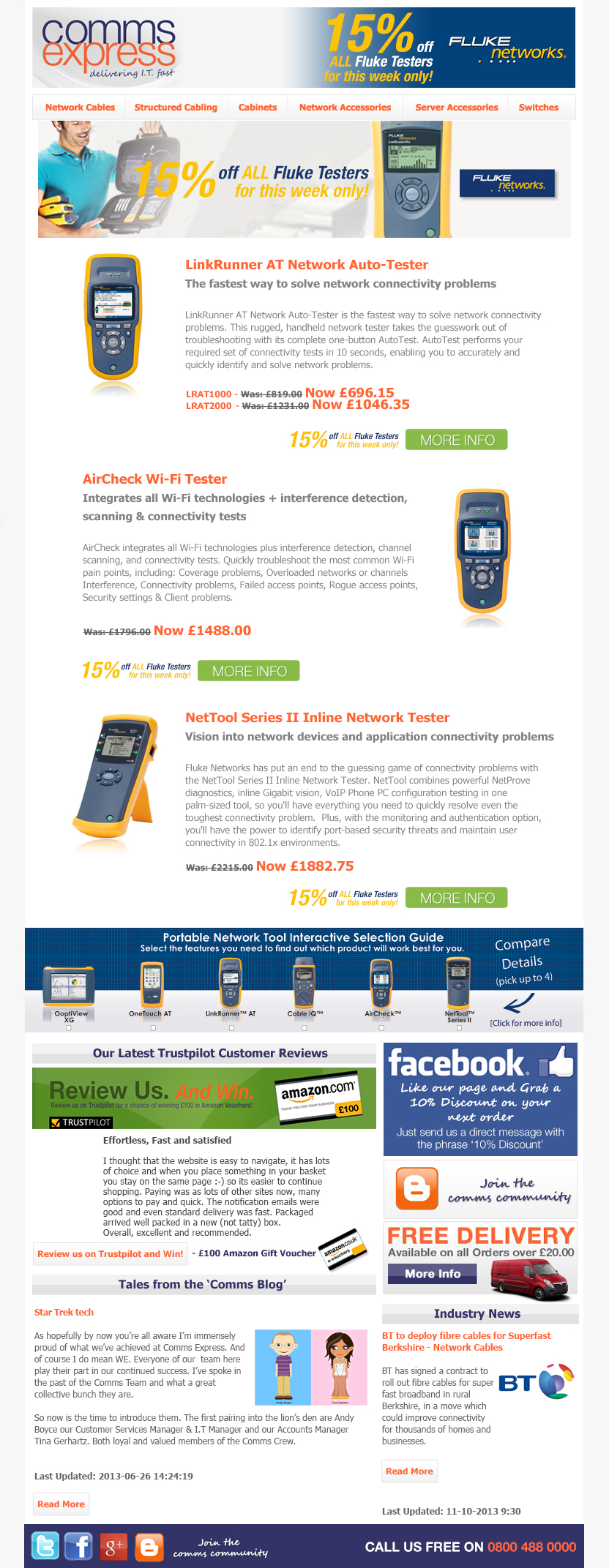 15% off all Fluke Network Tool Testers with Comms Expre