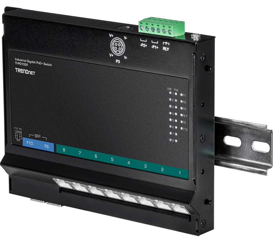 TRENDnet TI-PG102F 10-Port Industrial Gigabit PoE+ Wall-Mounted Front Access Switch