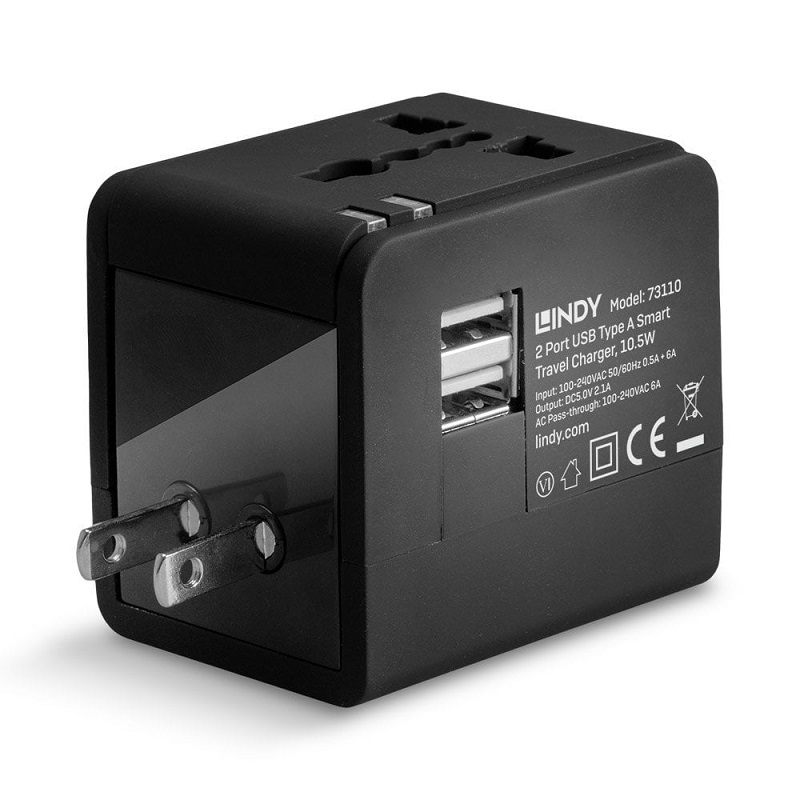 Lindy 73110 2 Port USB Type A Smart Travel Charger, 10.5W