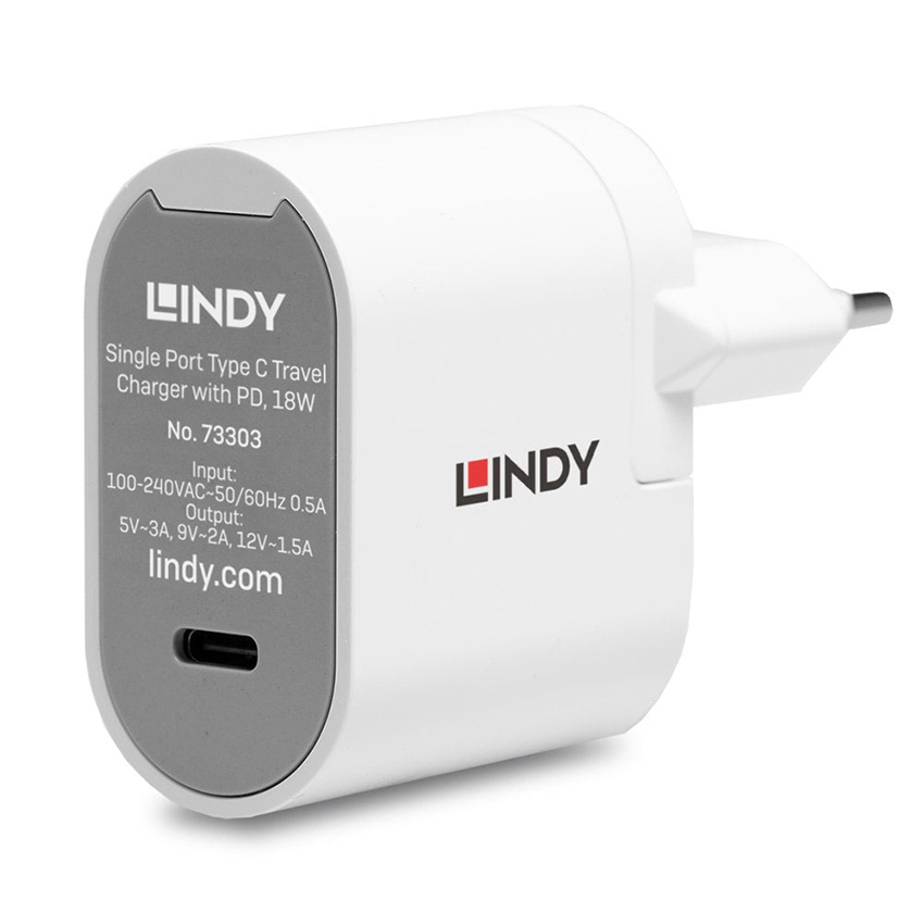 Lindy 73303 Single Port USB Type C Smart Travel Charger, 18W