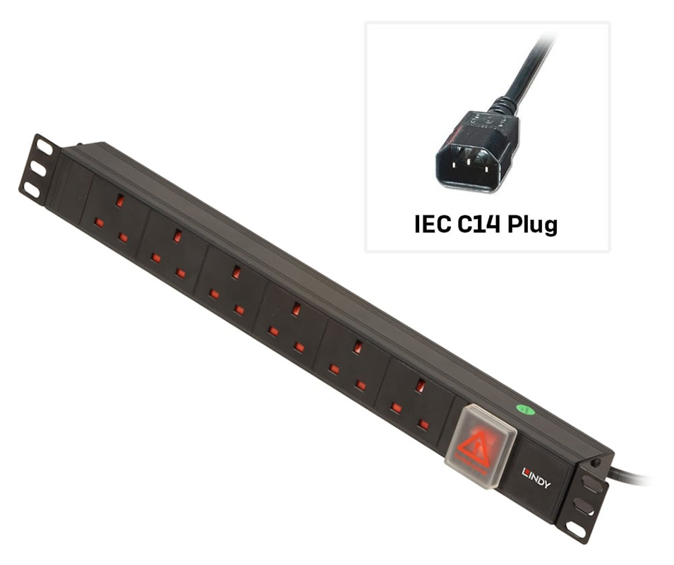 Lindy 73561 1U 6 Way UK Horizontal PDU with IEC C14 Cable