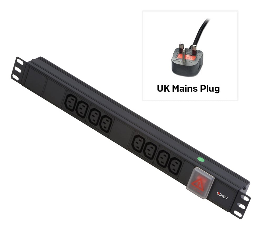 Lindy 29990 1U 8 Way IEC Horizontal PDU with UK Mains Plug