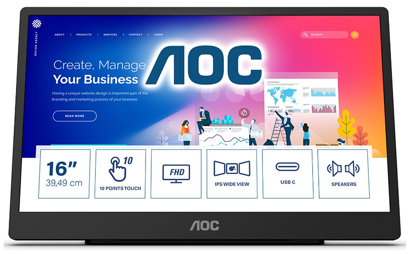 AOC 16T2 Monitor 15.6in Full HD LED Touchscreen 1920 X 1080 Pixels Black