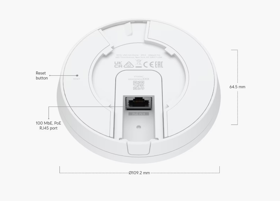 Image of the FEUVC-G5-Dome-3 product with labels of what features it has