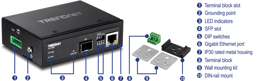 Trendnet Hardened Industrial 100/1000 Base-T to SFP Media Converter