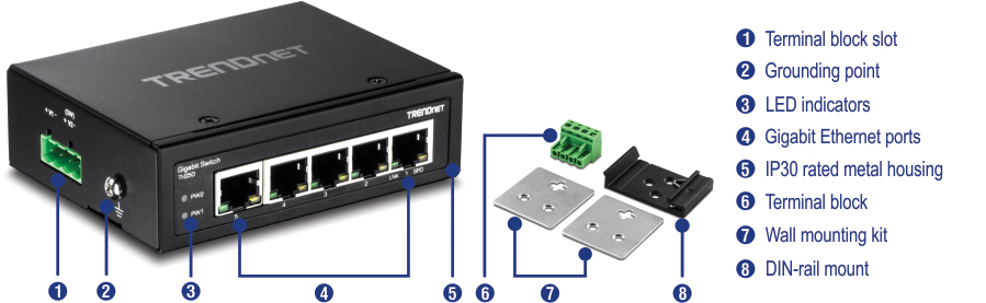 TREndnet  TRENDnet TI-G50 5-Port Hardened Industrial Gigabit DIN-Rail Switch