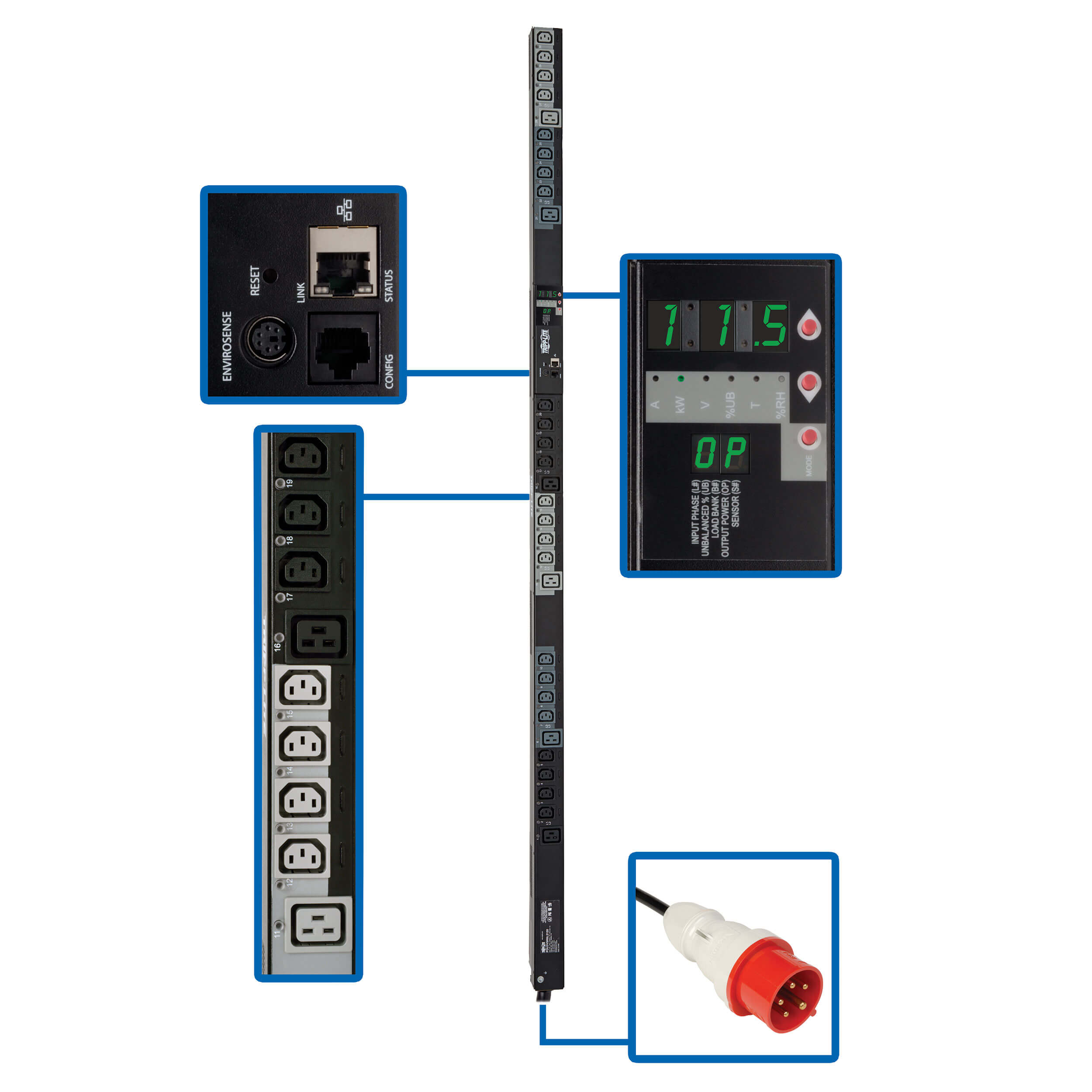 Tripp Lite 11.5kW 3-Phase Switched PDU, 200/220/230/240V Outlets (24 C13, 6 C19), IEC309 20A Red R