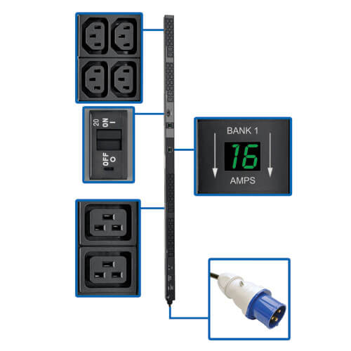 Tripp Lite 7.4kW Single-Phase Metered PDU, 230V Outlets (8 C19 and 40 C13), IEC-309 32A Blue Input