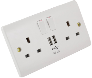 Double Gang UK Mains Wall Socket with built in USB Charging Ports 2A