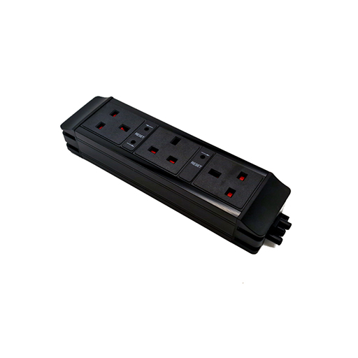 Datacel 3-way black under-desk unit with re-settable 3.15A fuses, 3-pole input/output