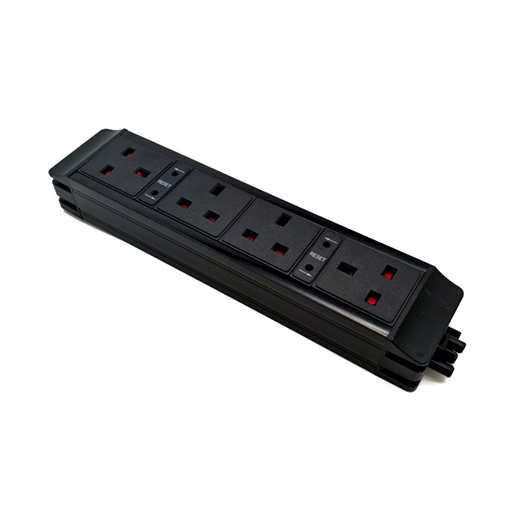 Datacel 4-way black under-desk unit with re-settable 3.15A fuses, 3-pole input/output