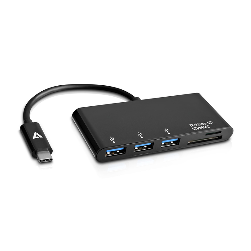 V7 V7UC3U-HUB-BLK-1E USB Adapter USB-C Male to 3 x USB 3.0 A Female, Micro SD,SD/MMC, Black