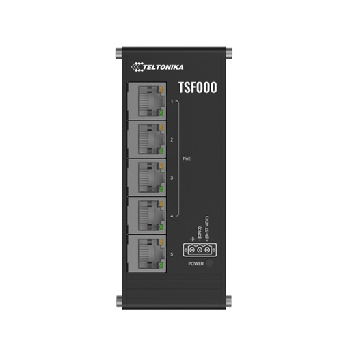 Teltonika TSF000 compact unmanaged Ethernet switch designed for tight industrial spaces.