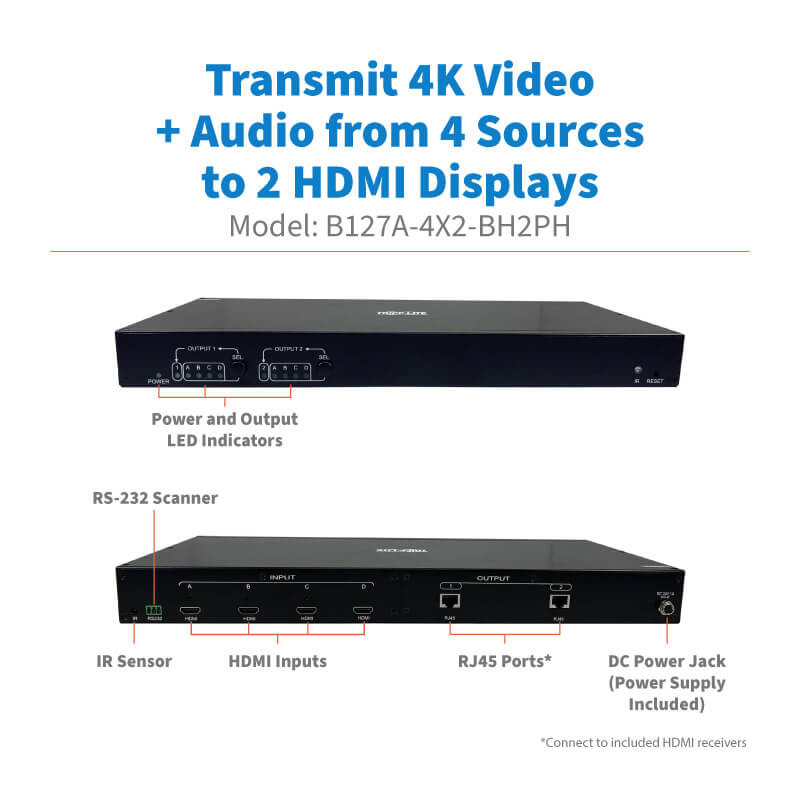 Eaton B127A-4X2-BH2PH 4x2 HDMI over Cat6 Matrix Switch Kit, Switch/2x Pigtail Receivers