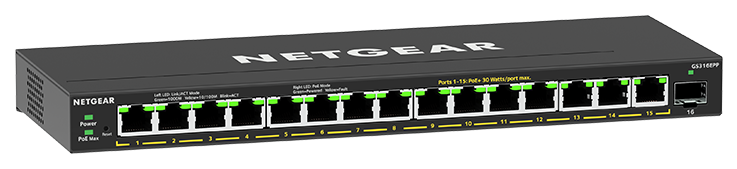 Netgear GS316EPP 16-Port High-Power PoE+ Gigabit Ethernet Plus Switch with 1 SFP Port