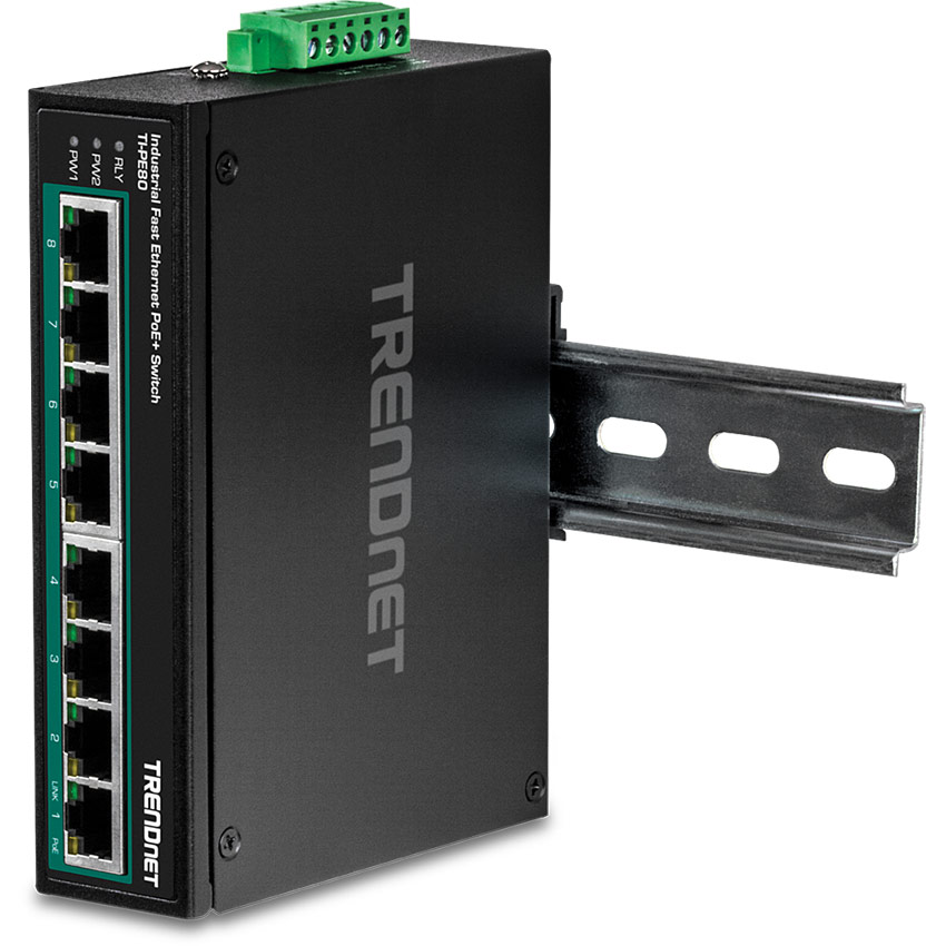 TRENDnet TI-PE80 8-Port Industrial Fast Ethernet PoE+ DIN-Rail Switch