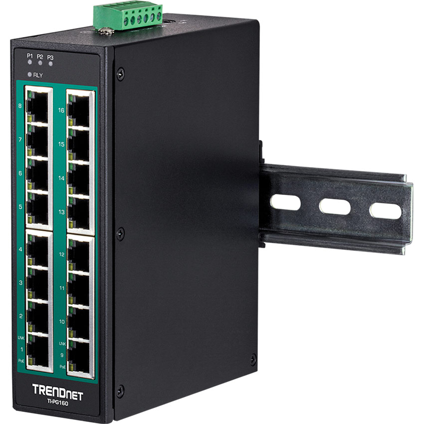 TRENDnet TI-PG160 16-Port Industrial Gigabit PoE+ DIN-Rail Switch