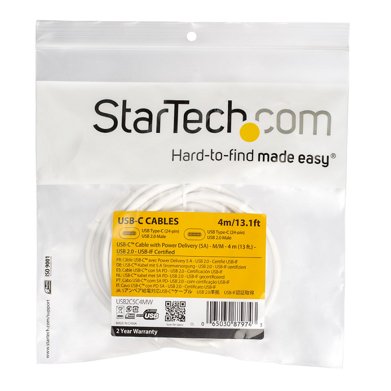 StarTech USB2C5C4MW 4m USB-C to USB-C Cable w/5A PD - M/M - White USB 2.0 USB-IF Certified