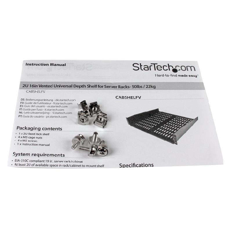 StarTech CABSHELFV 2U Server Rack Shelf - Universal Vented Rack Mount Cantilever Tray