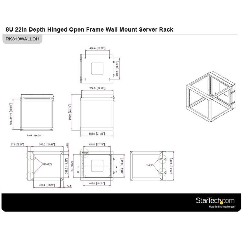 StarTech RK819WALLOH 8U Hinged Open Frame Wall-Mount Server Rack - 22 in. Deep