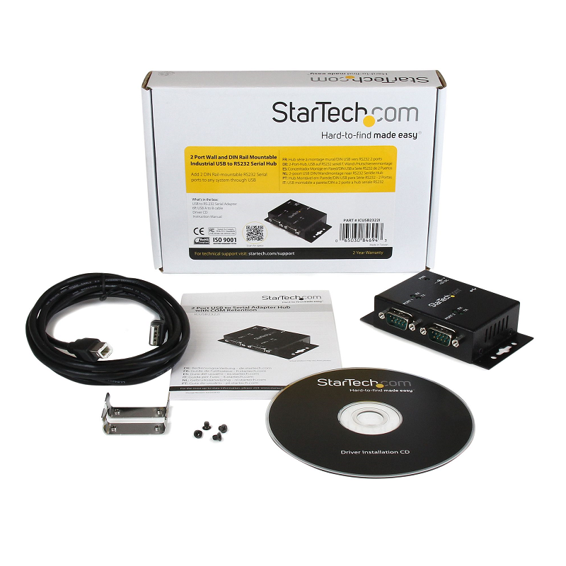 StarTech ICUSB2322I 2 Port Industrial Wall Mountable USB to Serial Adapter Hub