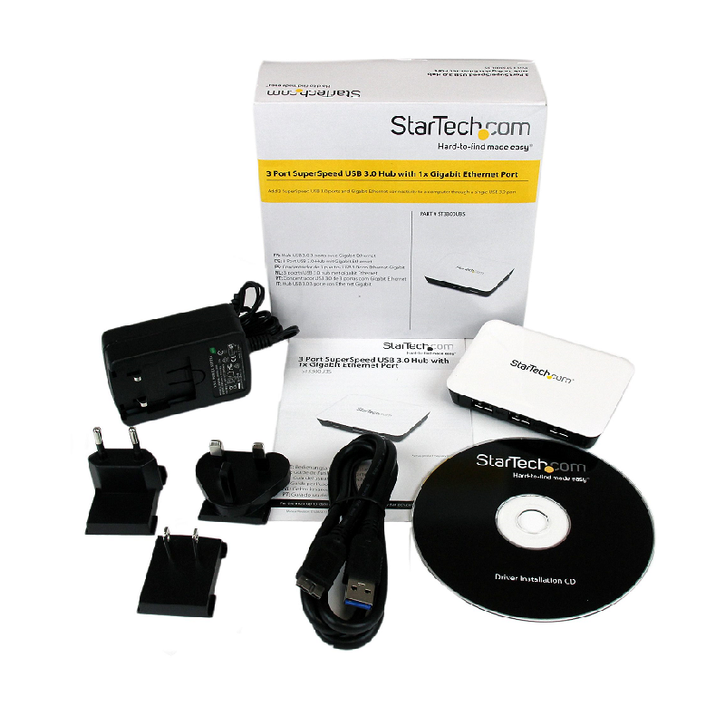 StarTech ST3300U3S USB 3.0 to Gigabit Ethernet NIC Network Adapter with 3 Port Hub - White