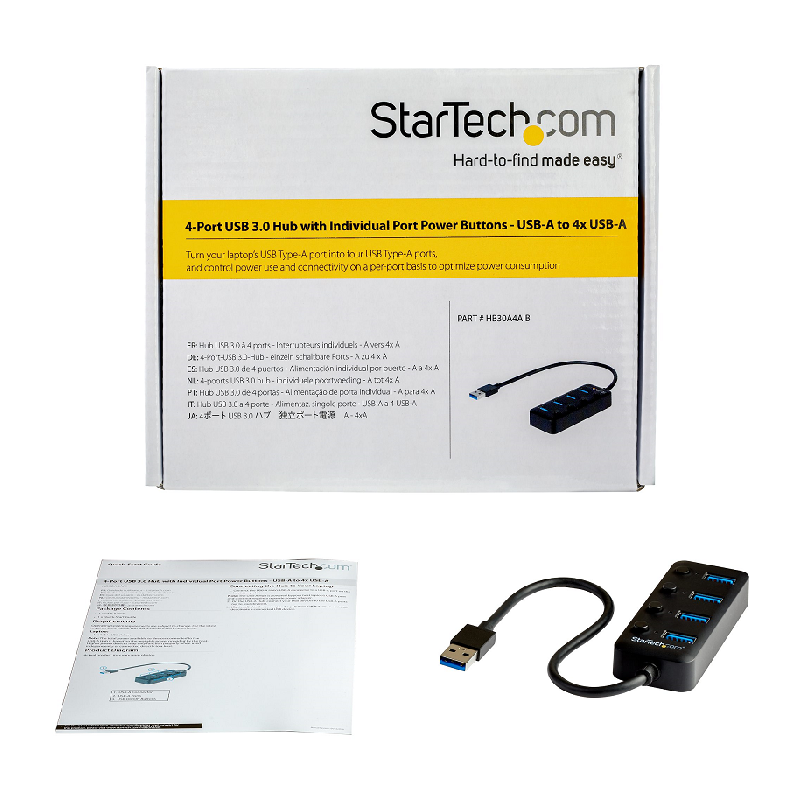 StarTech HB30A4AIB 4 Port USB 3.0 Hub USB-A to 4xUSB 3.0-A w/Individual On/Off Switches