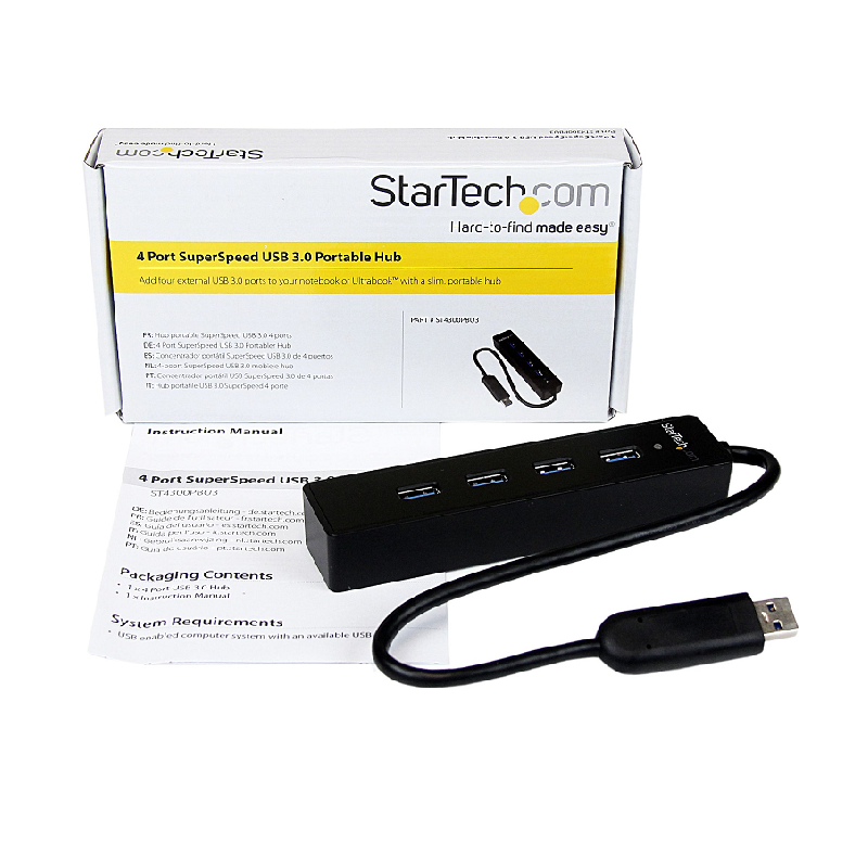 StarTech ST4300PBU3 4 Port Portable SuperSpeed USB 3.0 Hub with Built-in Cable
