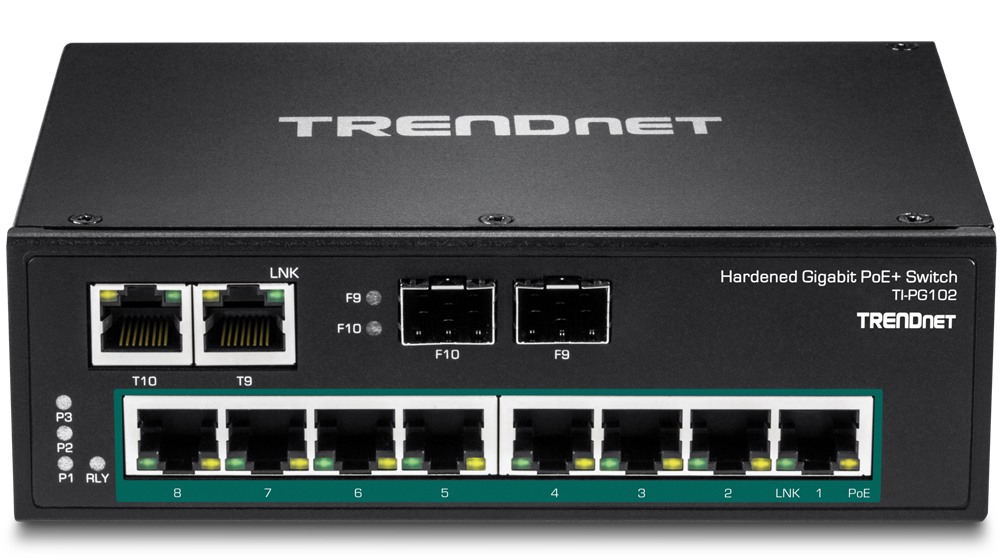 TRENDnet TI-PG102 10-Port Hardened Industrial Gigabit PoE+ DIN-Rail Switch