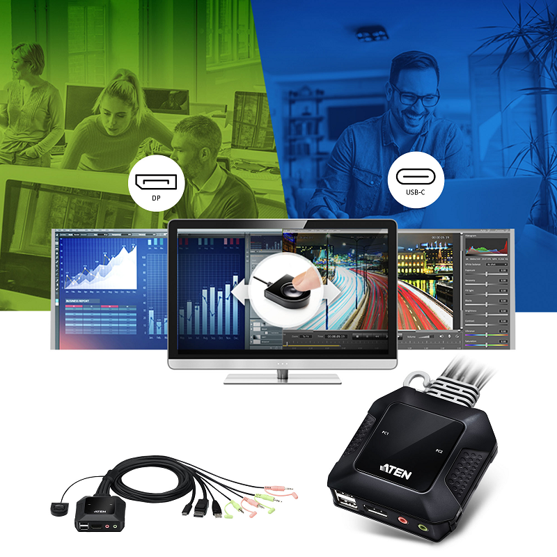 Aten CS52DP 2-Port USB-C DisplayPort Hybrid Cable KVM Switch