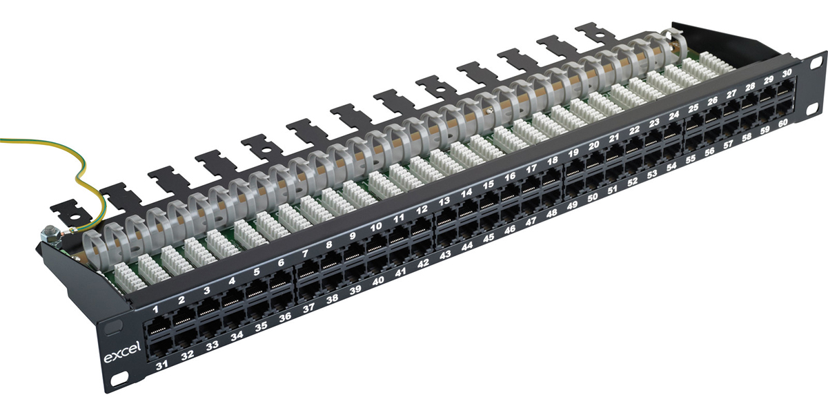 Excel Voice RJ45 Patch Panel - 60-port, 2-pair, 1U - Black