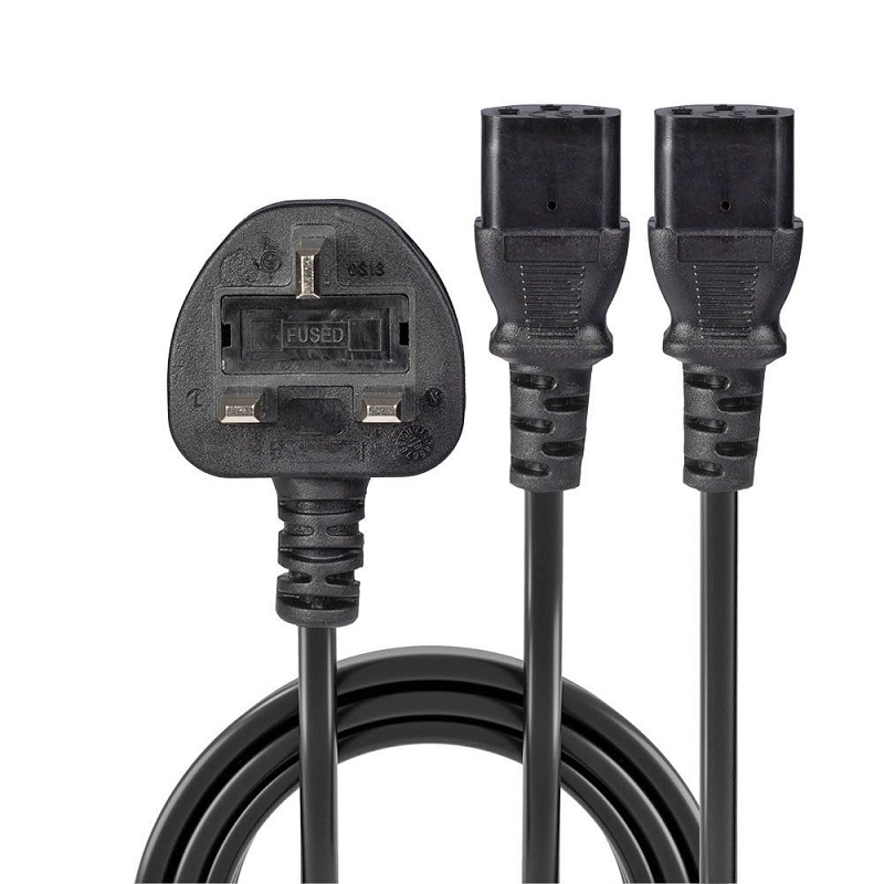 Lindy 30371 2.5m UK Plug to 2 x IEC C13 Splitter Ext Cable