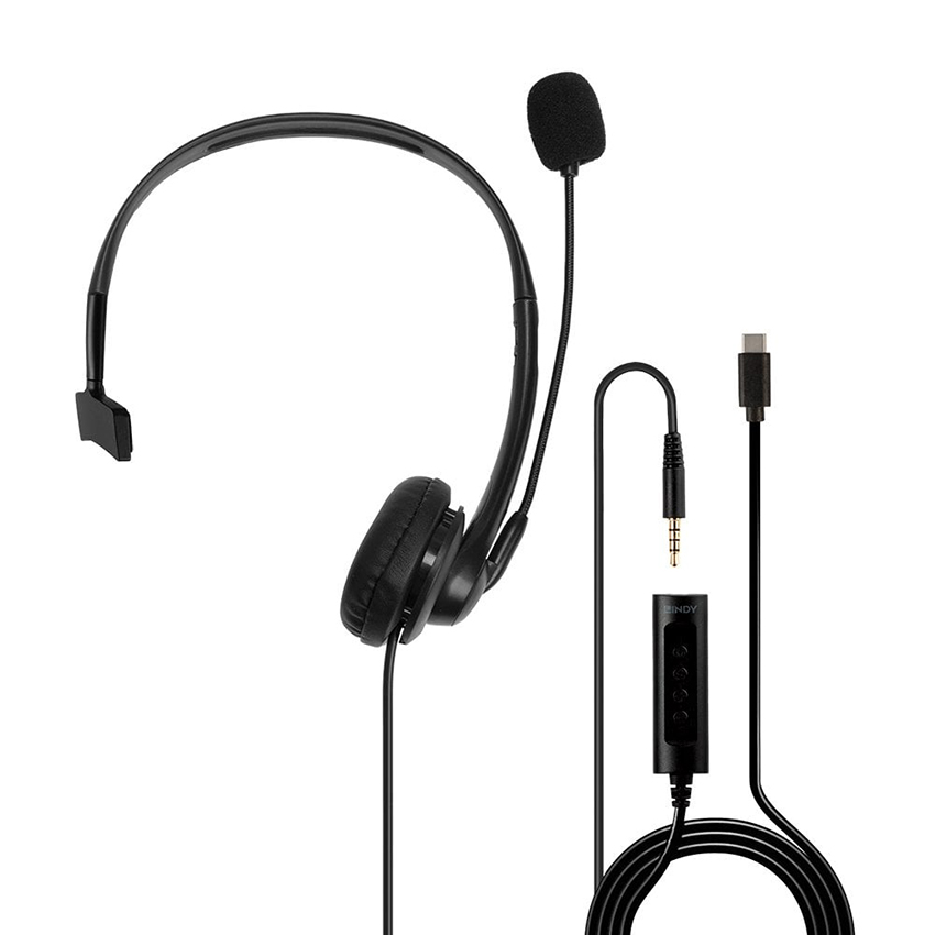 Lindy 20433 3.5mm & USB Type C Monaural Headset with In-Line Control