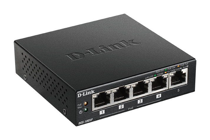 D-Link DGS-1005P/B 5-Port Desktop Gigabit PoE+ Switch