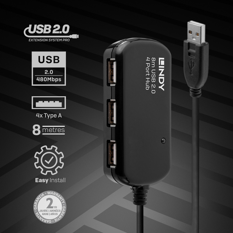 Lindy 42781 USB 2.0 Active Extension Pro Hub, 8m