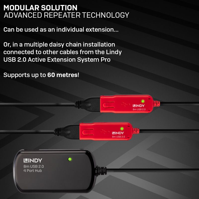 Lindy 42781 USB 2.0 Active Extension Pro Hub, 8m