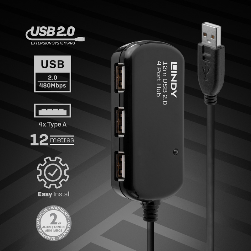 Lindy 42783 12m USB 2.0 Active Extension Pro 4 Port Hub