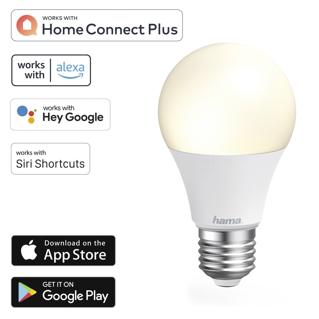 Hama 00176584 WLAN LED Lamp, E27, 10W, Dimmable, Bulb, for Voice / App Control, white