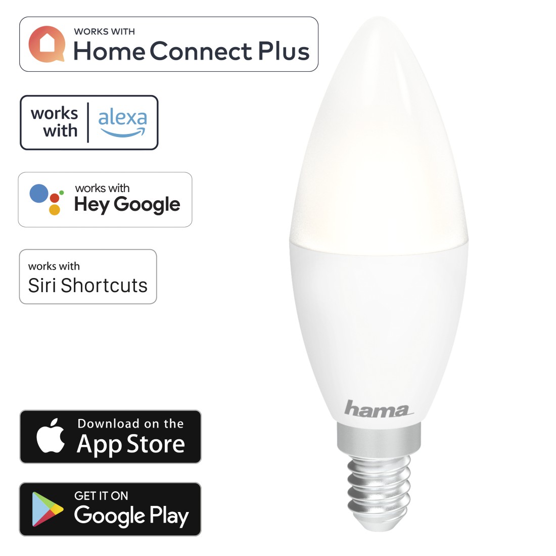 Hama 00176586 WLAN LED Lamp, E14, 5.5W, Dimmable, Candle, for Voice / App Control, white