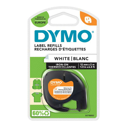 DYMO S0718850 LetraTag Iron-On Labels Black Text on White Label