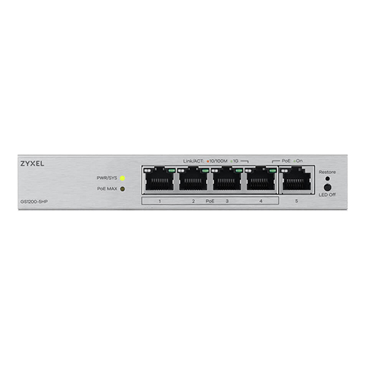 Zyxel GS1200-5HPV3-GB0101F 5 Port Gigabit PoE+ webmanaged Desktop Switch, 4x PoE, 68 Watt