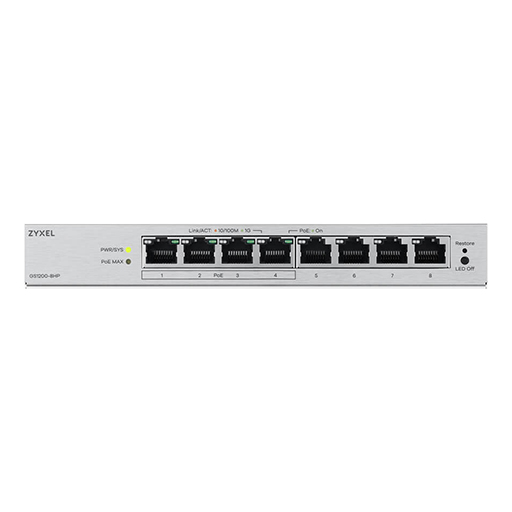 Zyxel GS1200-8HPV3-GB0101F 8 Port Gigabit PoE+ webmanaged Desktop Switch, 4x PoE, 68 Watt