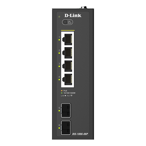 D-Link DIS-100G-06P 6-Port Gigabit Industrial PoE+ Unmanaged Switch with 2 x SFP Ports