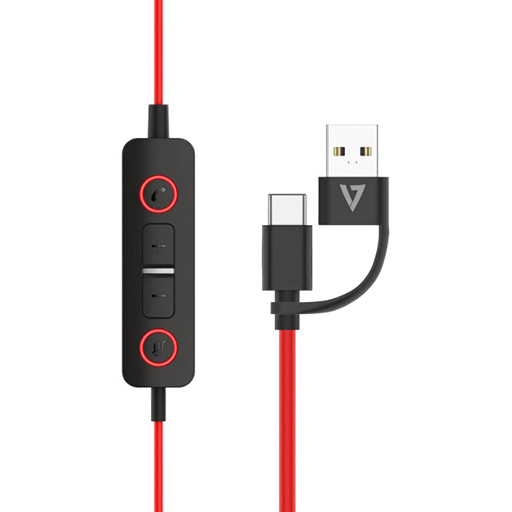 V7 HU621 Premium USB Headset with ANC, Stereo, USB Type C, USB Type A,Wired, Black and Red
