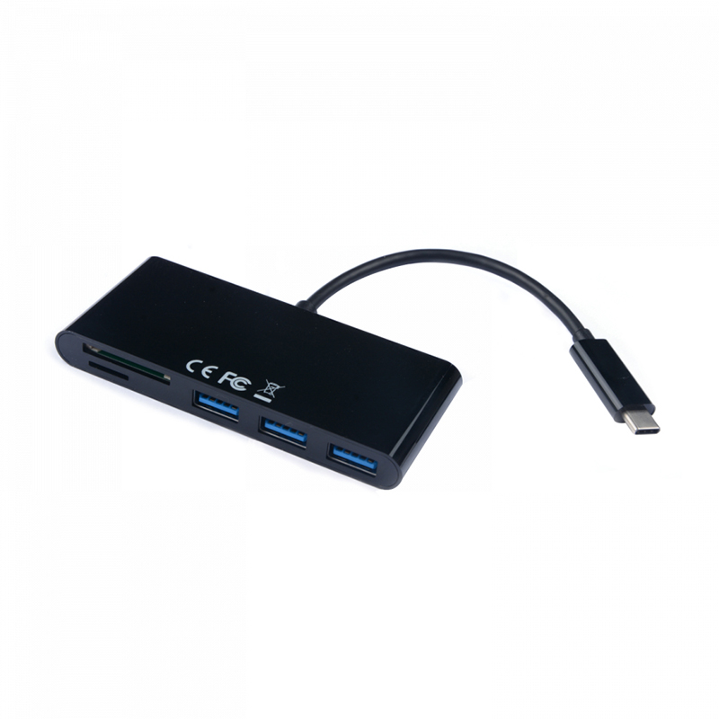 V7 V7UC3U-HUB-BLK-1E USB Adapter USB-C Male to 3 x USB 3.0 A Female, Micro SD,SD/MMC, Black