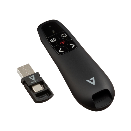 V7 WP500C Presentation Pointer - Radio Frequency - USB Type C, USB Type A - Laser - Black 