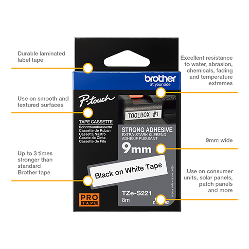 Brother TZES221 Labelling Tape Cassette - Black on White, 9mm