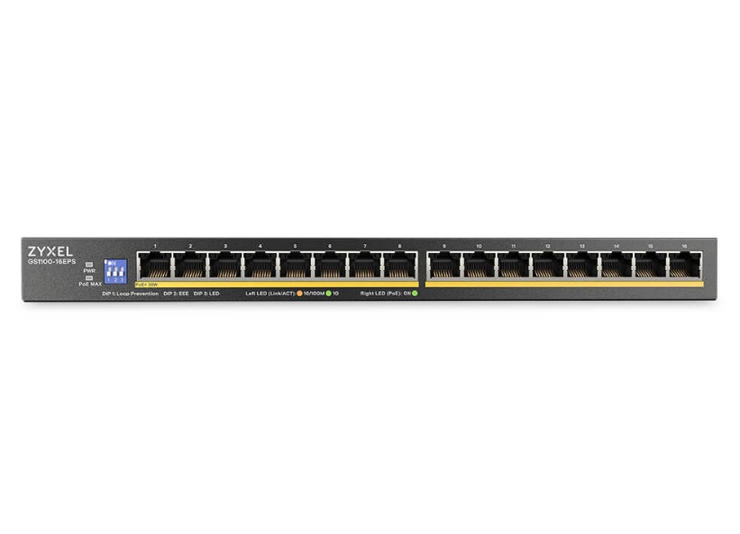 Zyxel GS1100-16EPS-GB0101F Slimline PoE+ 135W 16 port Gigabit DIP Unmanaged Switch