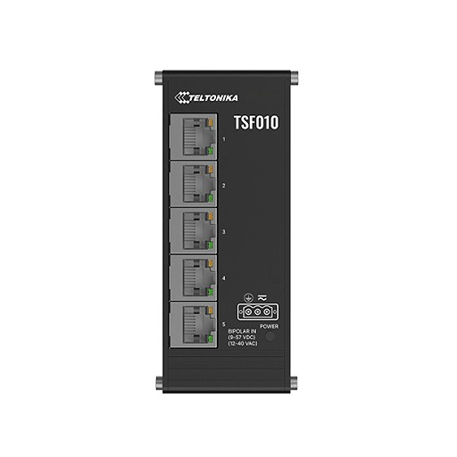 Teltonika TSF010 Unmanaged Ethernet switch equipped with five 10/100 Mbps RJ45 ports