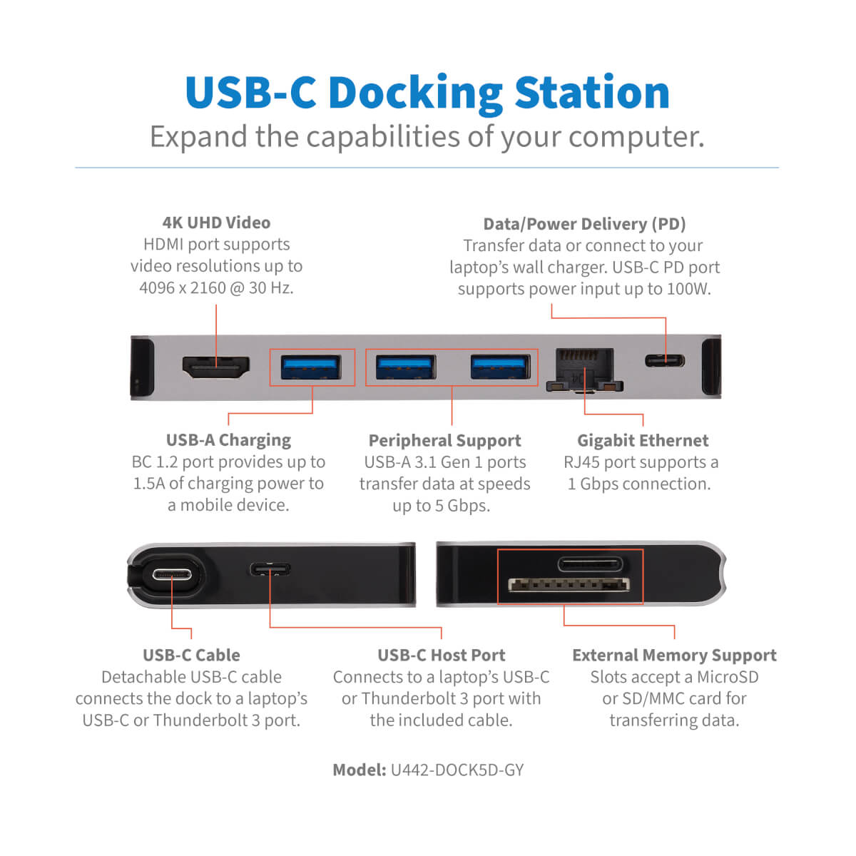 Eaton U442-DOCK5D-GY USB-C Dock - 4K HDMI, USB 3.2 Gen 1, USB-A Hub, GbE, Memory Card